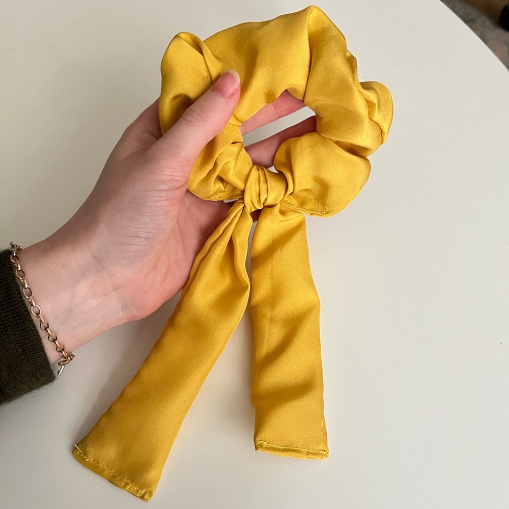100% Silk Scrunchie canary yellow upcycled boho hair bow silk scarf vibrant